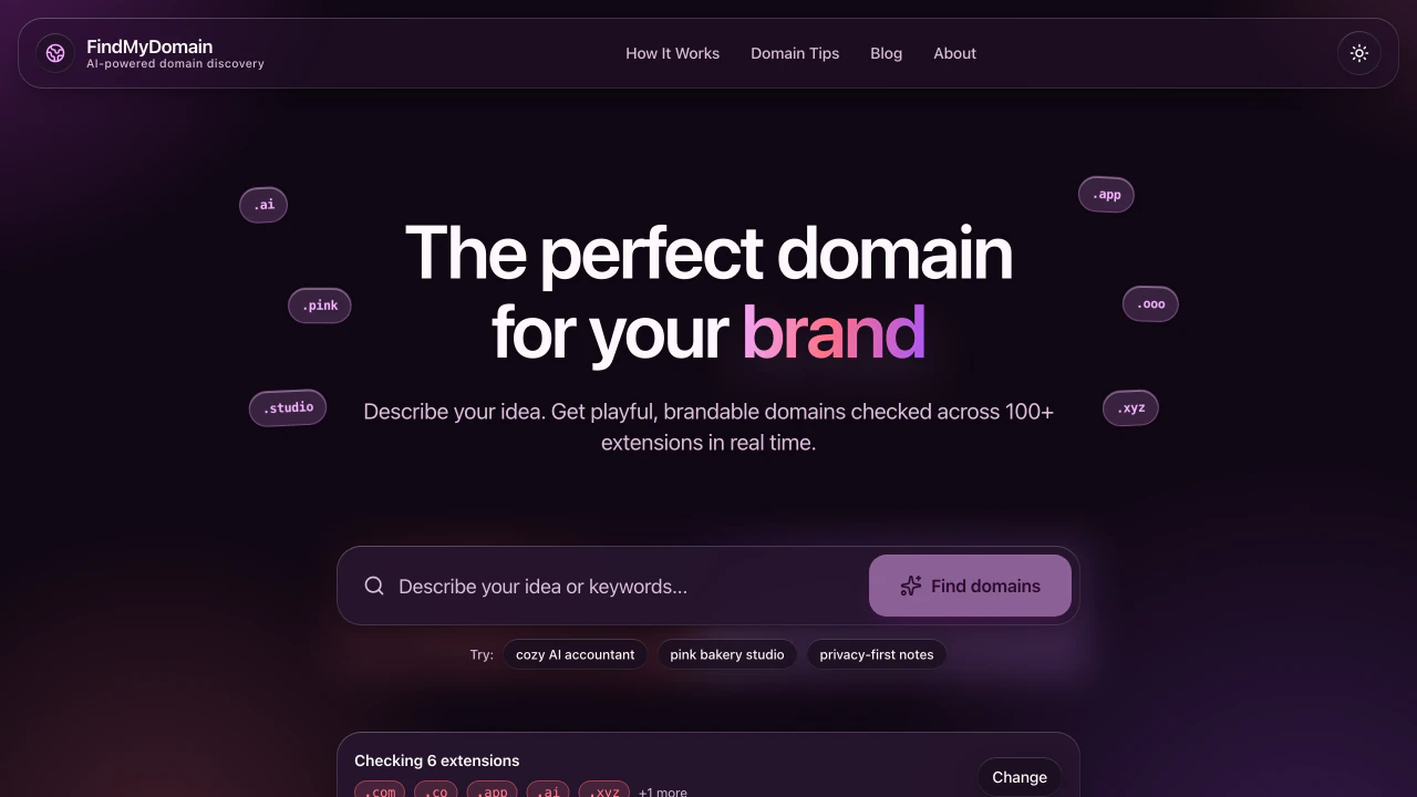 FindMyDomain homepage with an AI domain search interface